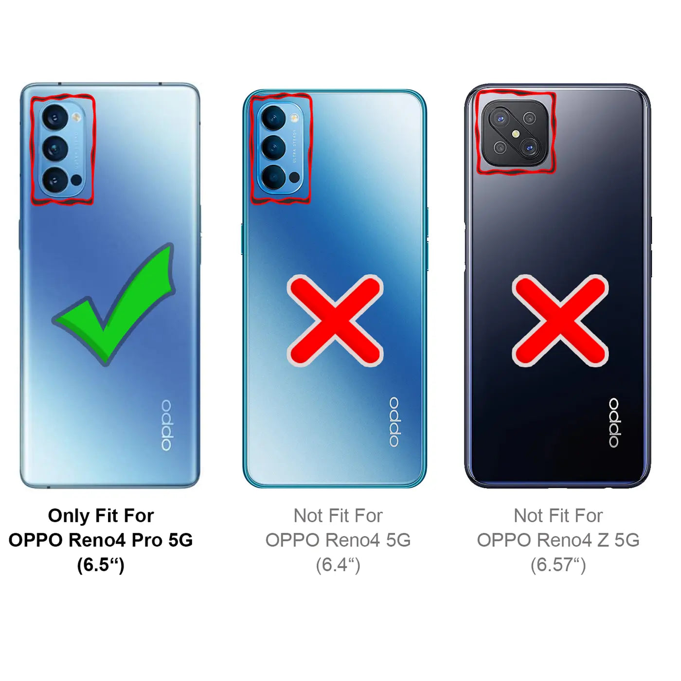 Drei Handy-Rückseiten, Oppo Reno4 Pro 5G mit Häkchen, andere mit Kreuz.