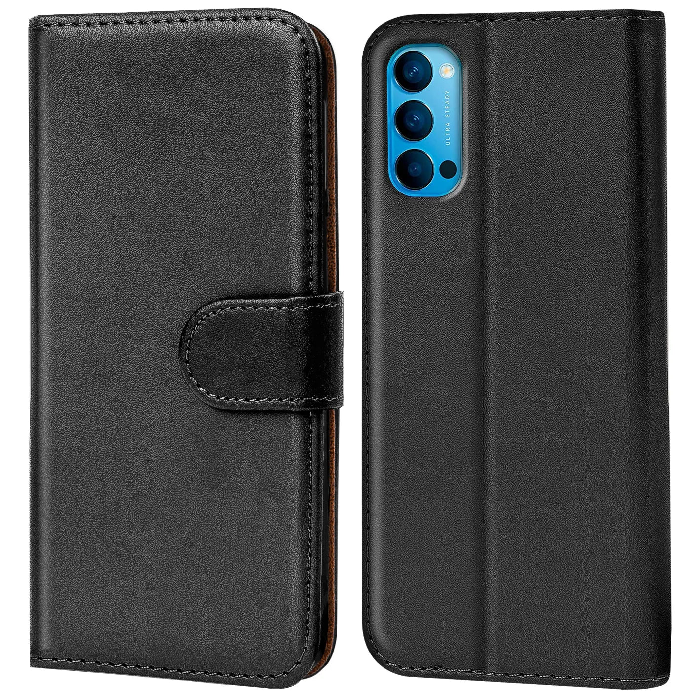 Schwarze Leder-Klapphülle mit Kartenfächern, Vorder- und Rückansicht, Oppo Reno 4.