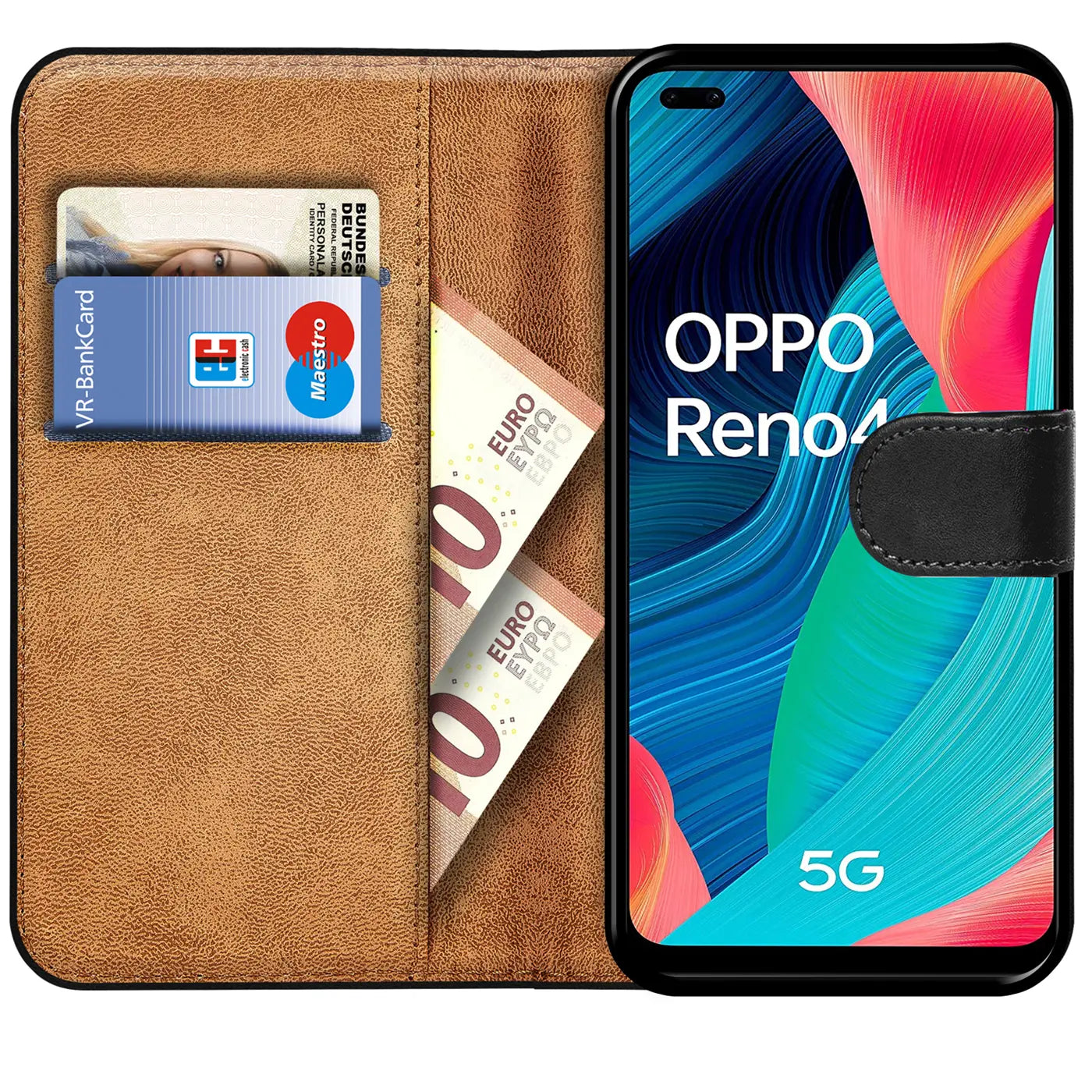 Braune Kunstleder Klapphülle mit Kartenfächern, zeigt Oppo Reno 4, von vorne