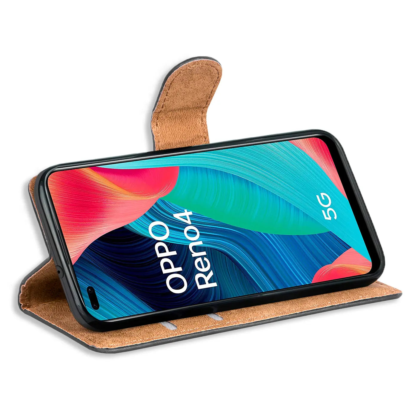 Braune Kunstleder-Klapphülle mit Kartenfächern, schräg von vorne, zeigt Oppo Reno 4.