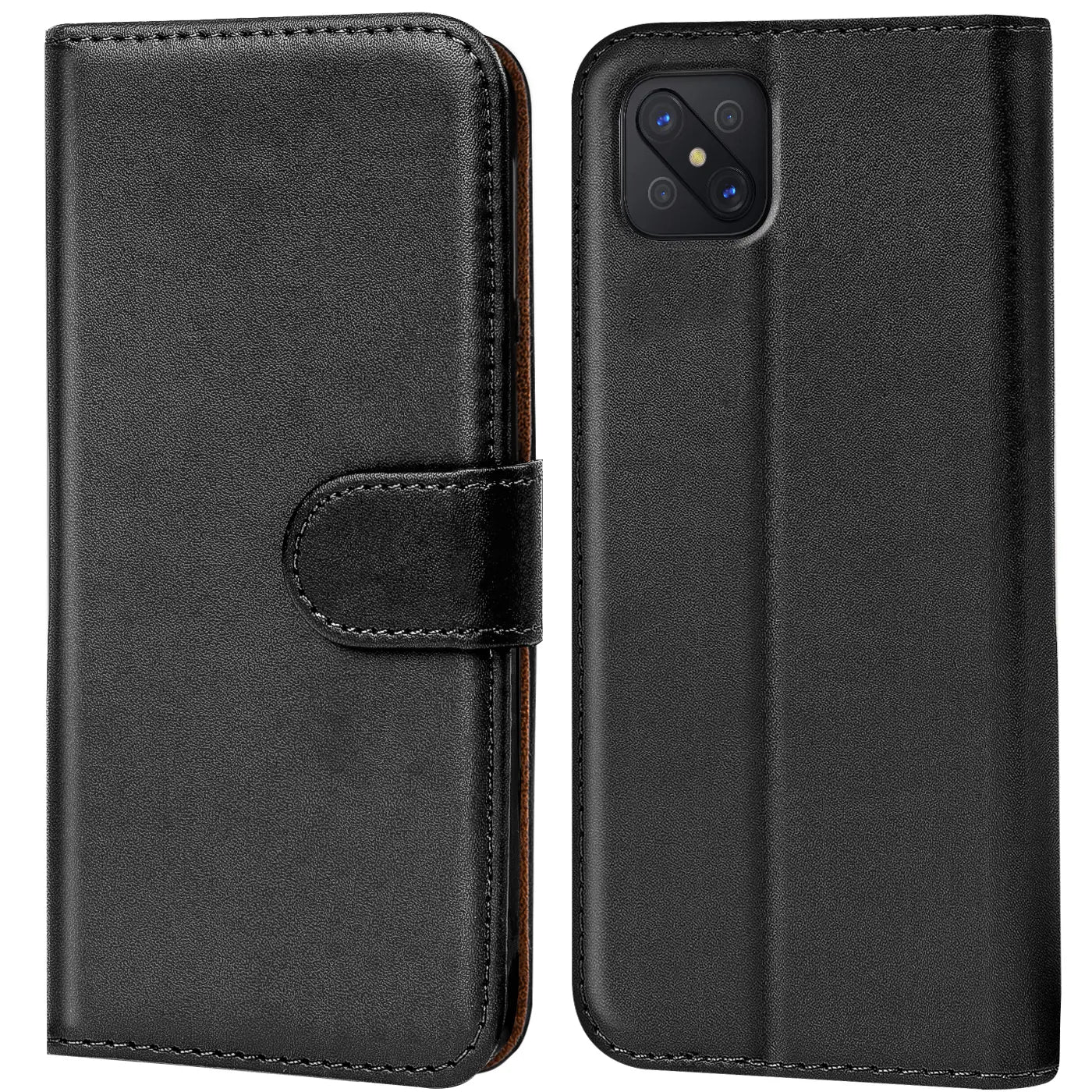 Schwarze Leder-Klapphülle mit Kartenfächern, Vorder- und Rückansicht, für Oppo Reno 4 Z.