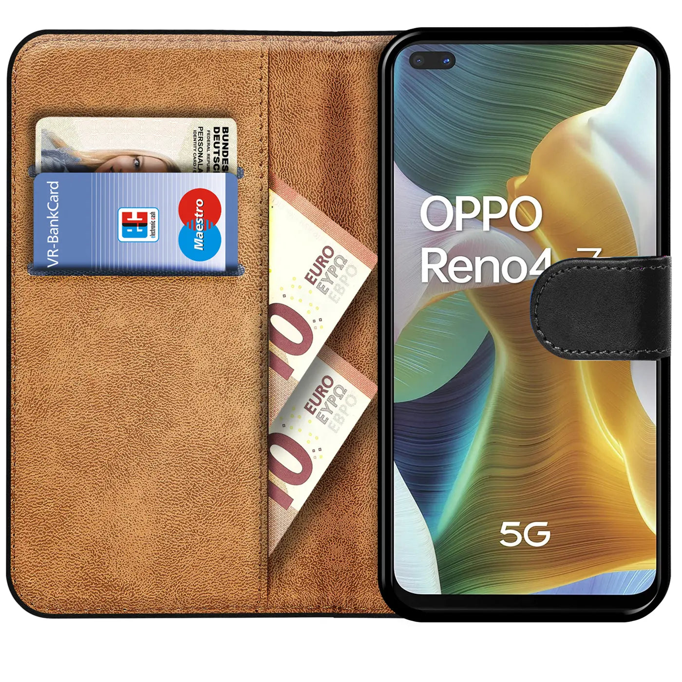 Braune Kunstleder-Klapphülle mit Kartenfächern und Geldscheinfach, zeigt Oppo Reno 4 Z.