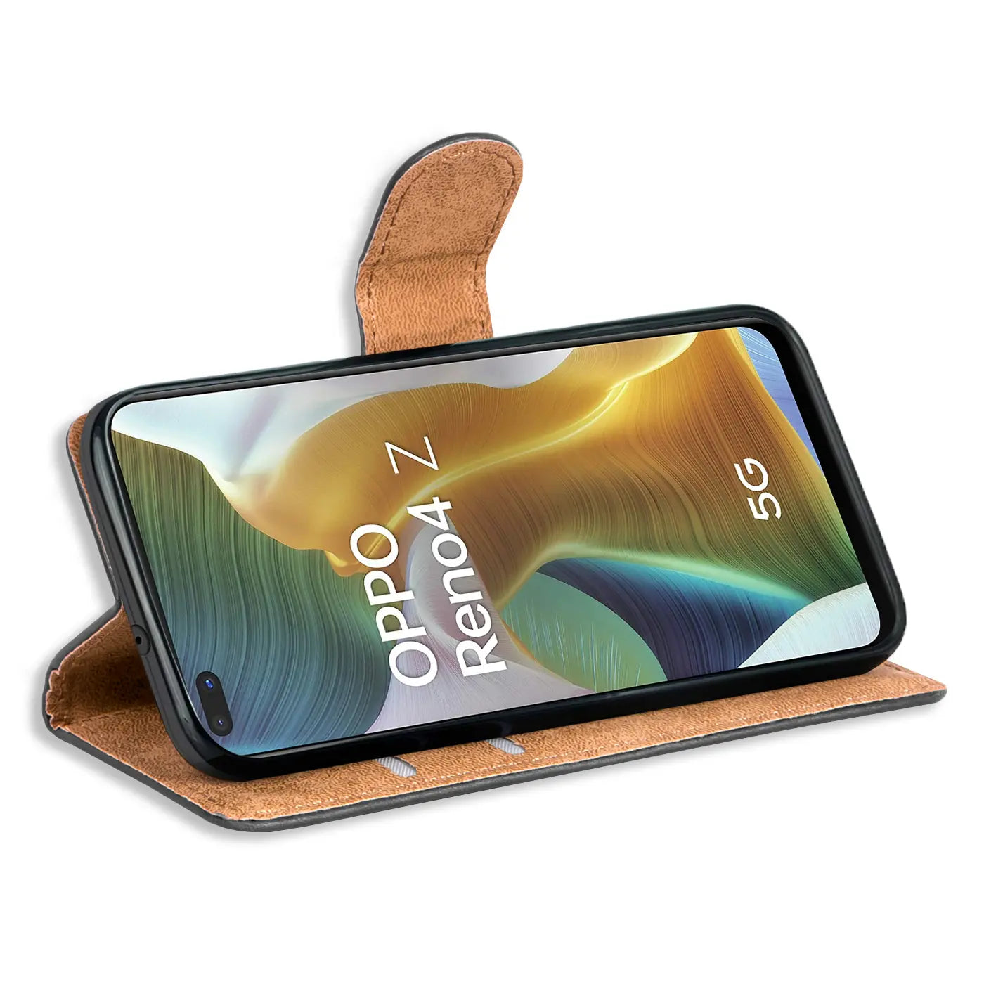 Braune Kunstleder-Klapphülle mit Kartenfächern, schräg von vorne, zeigt Oppo Reno 4 Z.