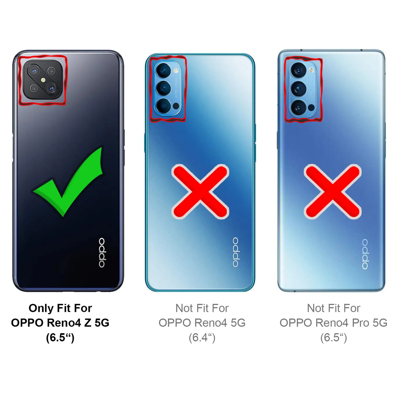 Drei Oppo-Smartphones, eines mit Häkchen, zwei mit Kreuzen.