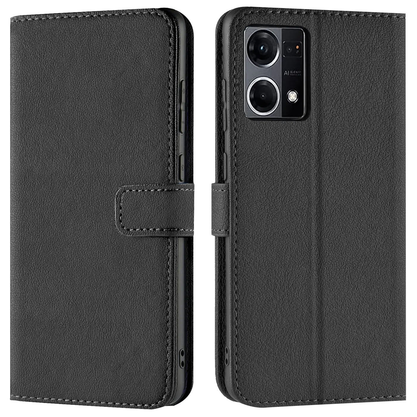 Schwarze Leder-Klapphülle mit Kartenfächern, Vorder- und Rückansicht, Oppo Reno 7.
