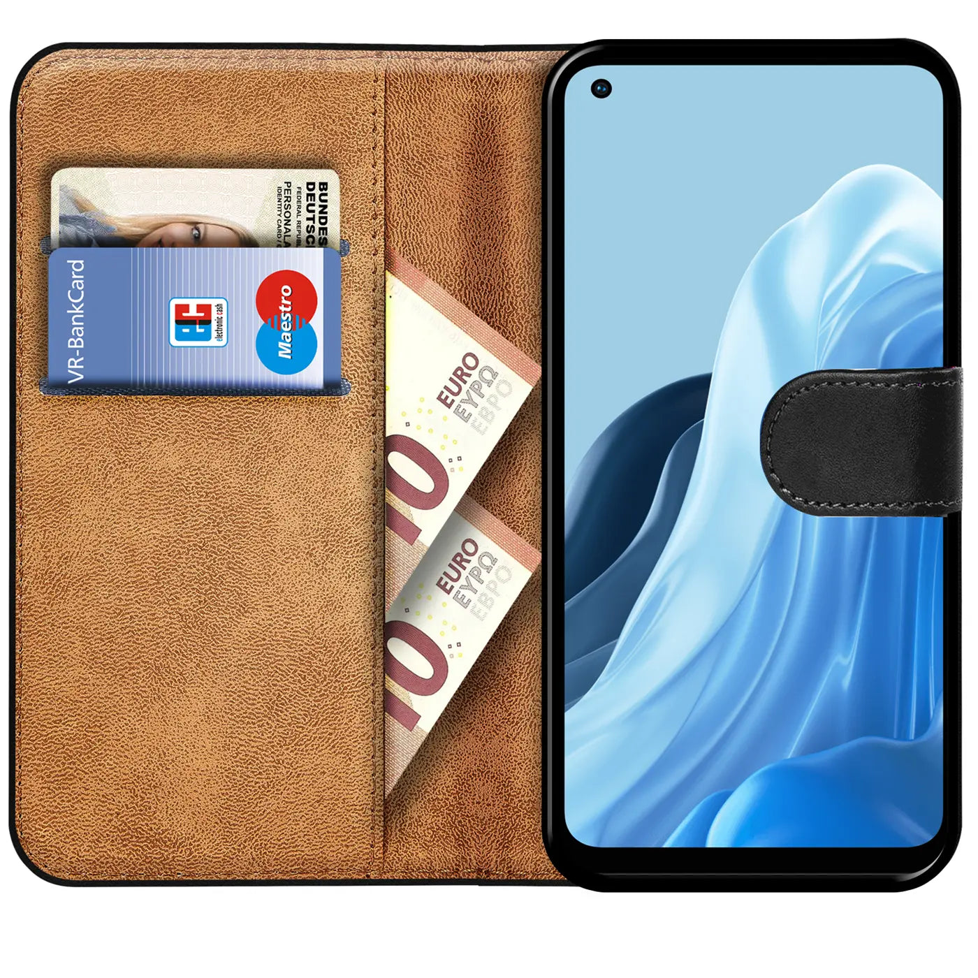 Braune Lederklapphülle mit Kartenfächern und Geldscheinen für Oppo Reno 7, von vorne.