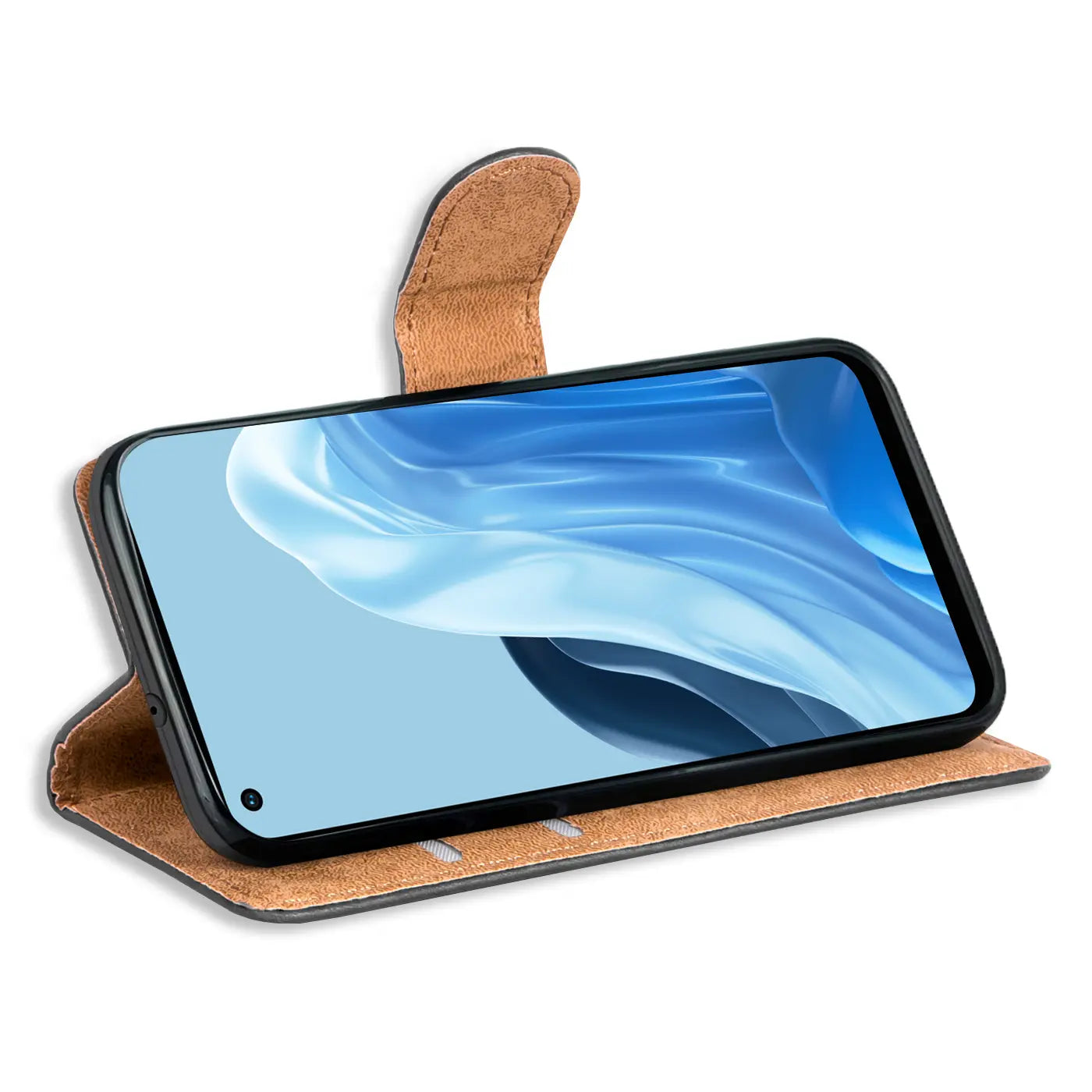 Braune Kunstleder-Klapphülle mit Kartenfächern, Oppo Reno 7, von vorne schräg