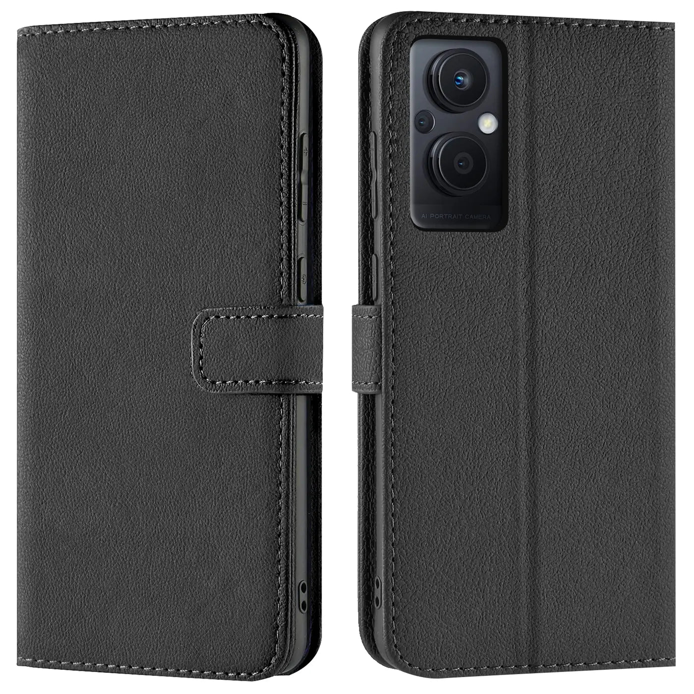 Schwarze Leder-Klapphülle mit Kartenfächern, Vorder- und Rückansicht, für Oppo Reno 8 Lite 5G.
