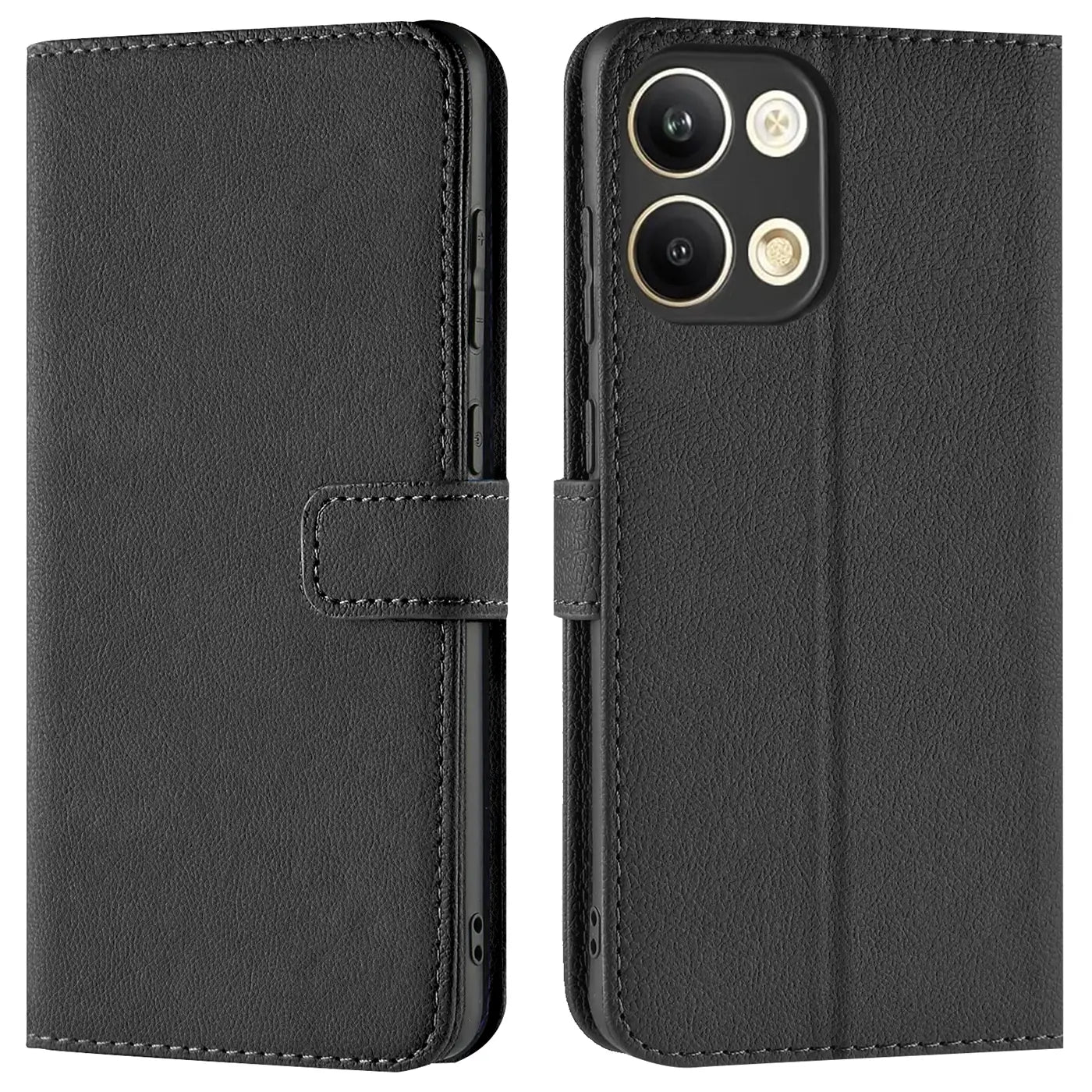 Schwarze Leder-Klapphülle mit Kartenfächern, Vorder- und Rückansicht, für Oppo Reno 9 Pro+