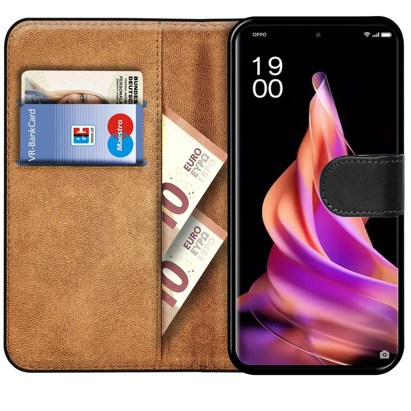 Braune Leder-Klapphülle mit Kartenfächern und Euro-Scheinen, zeigt Oppo Reno 9 Pro+