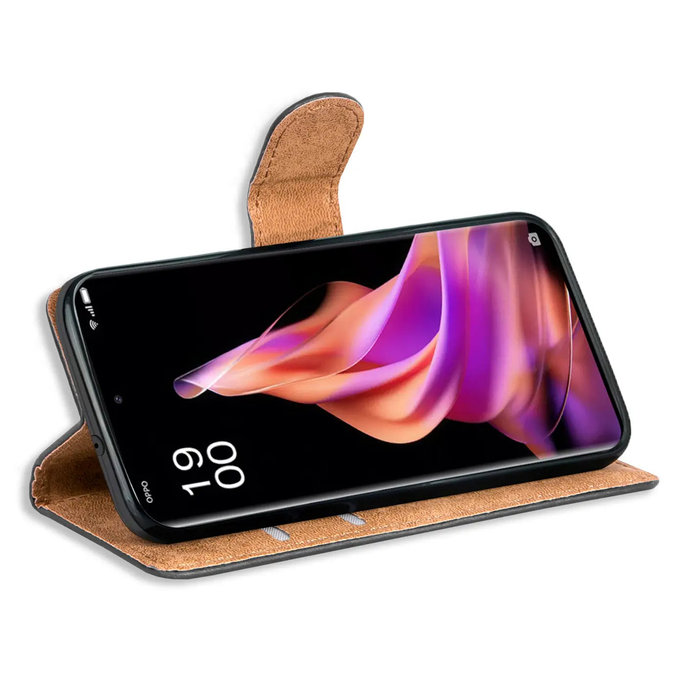 Braune Leder-Klapphülle mit Kartenfächern für Oppo Reno 9 Pro+, Seitenansicht.