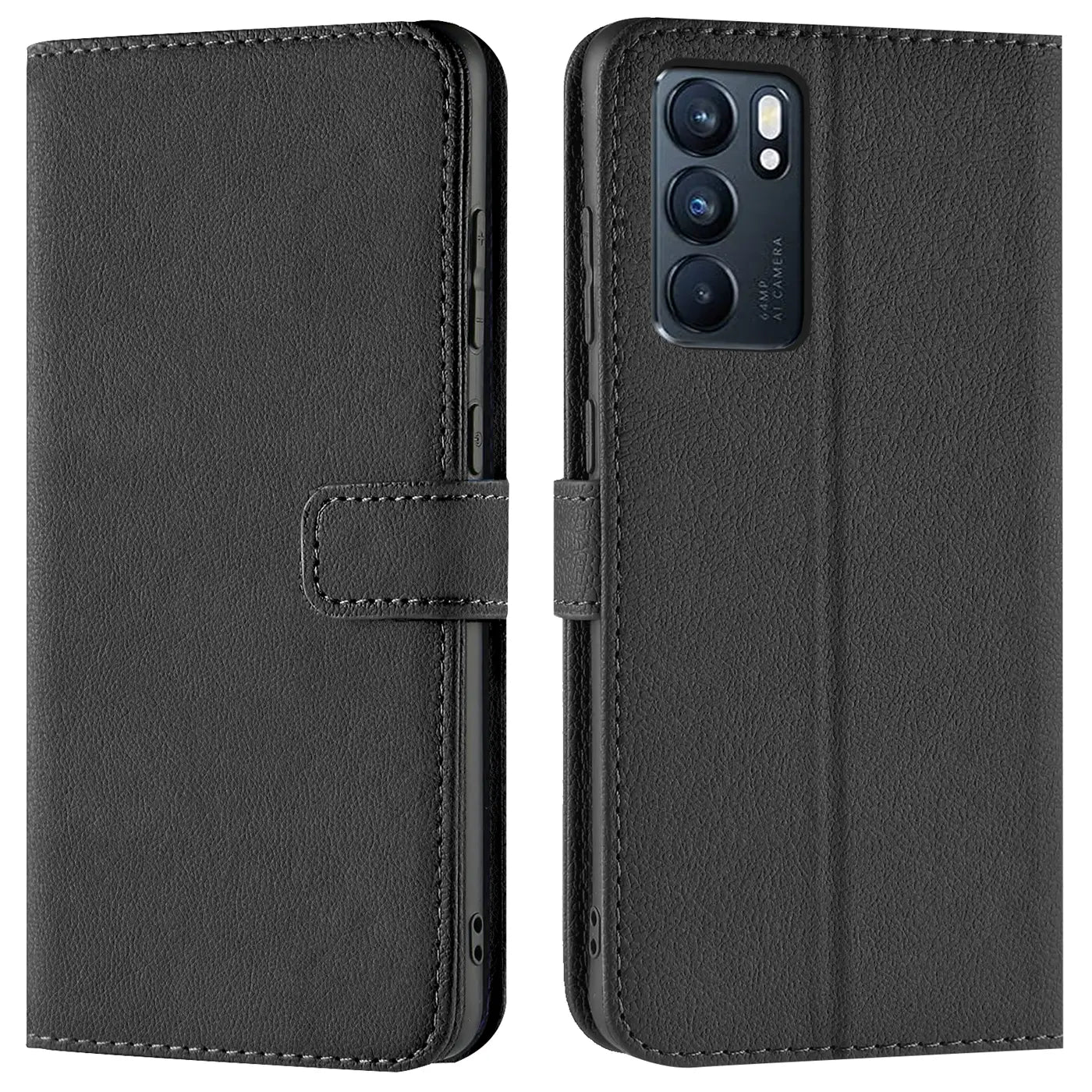 Schwarze Leder-Klapphülle mit Kartenfächern, Vorder- und Rückansicht, zeigt Oppo Reno 6 5G.