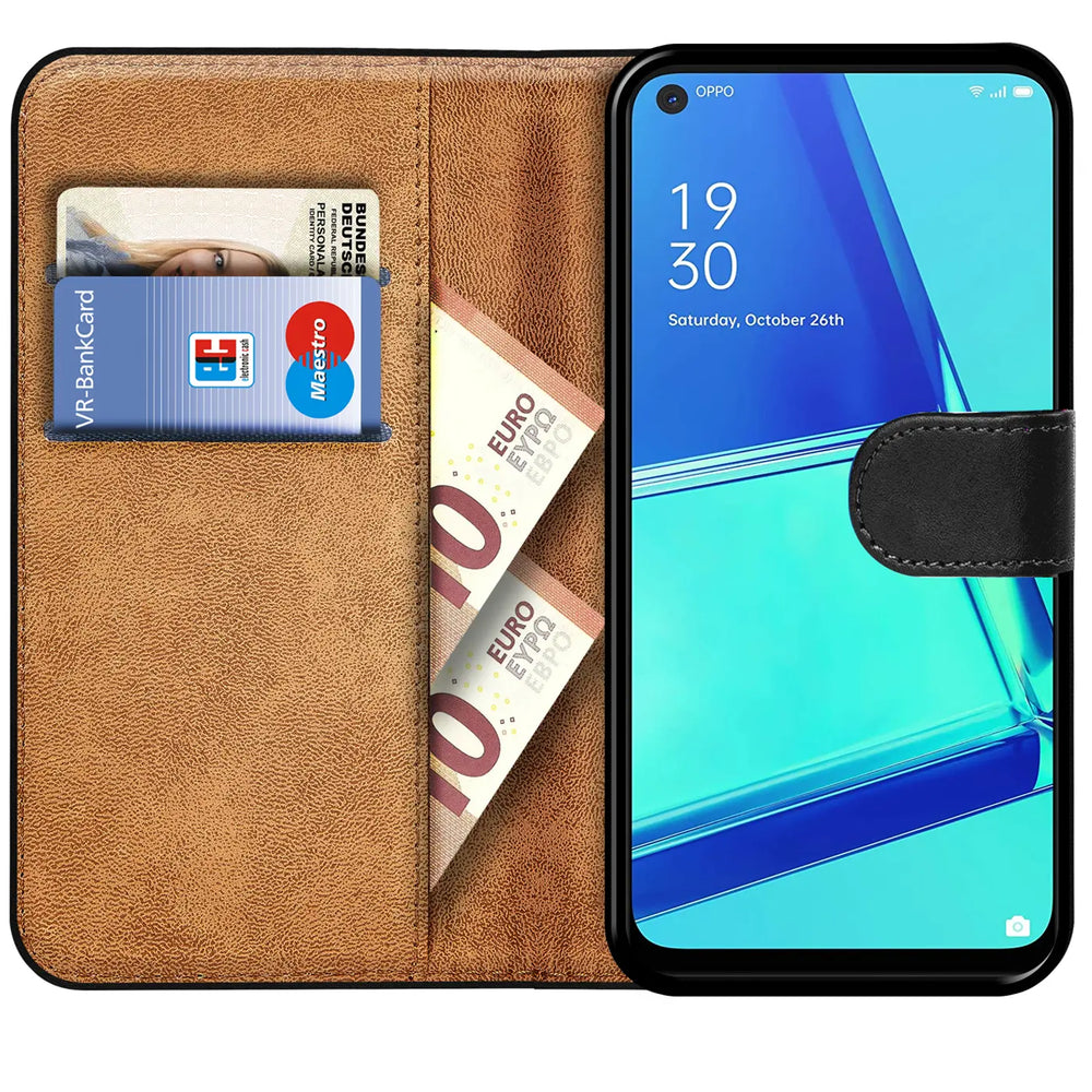 Braune Kunstleder-Klapphülle mit Kartenfächern und Geldscheinfach, zeigt Oppo Reno 6 5G.