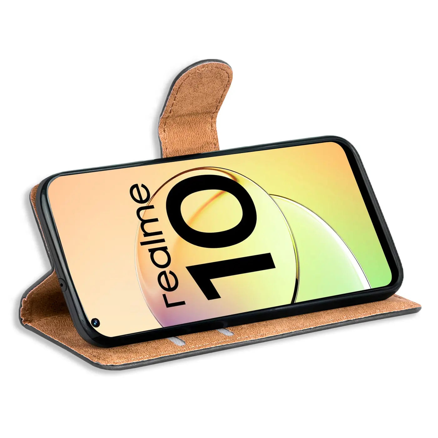 Braune Kunstleder-Klapphülle mit Kartenfächern, Realme 10 4G, Seitenansicht.