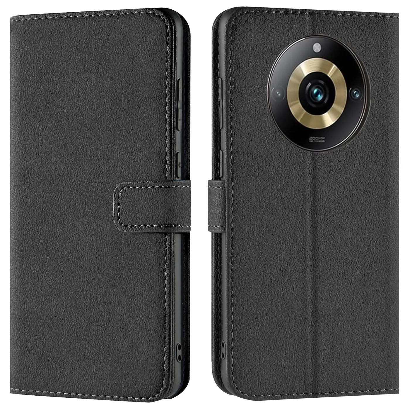 Schwarze Leder-Klapphülle mit Kartenfächern, Vorder- und Rückansicht, Realme 11 Pro 5G.