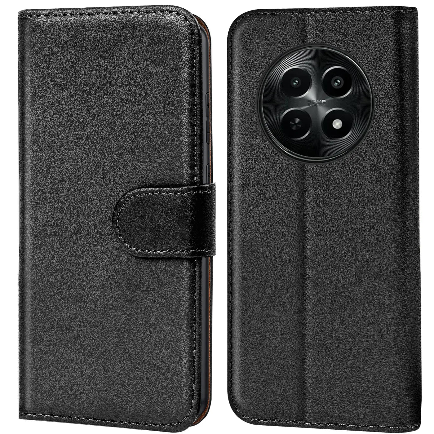 Schwarze Leder-Klapphülle mit Kartenfächern, Vorder- und Rückansicht, für Realme 12 5G / 12X 5G.