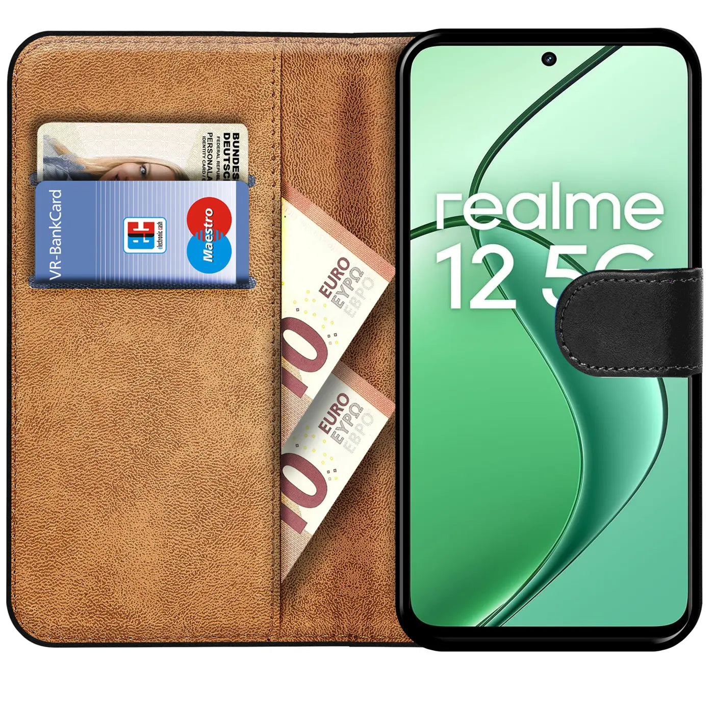 Braune Kunstleder-Klapphülle mit Kartenfächern, zeigt Realme 12 5G.