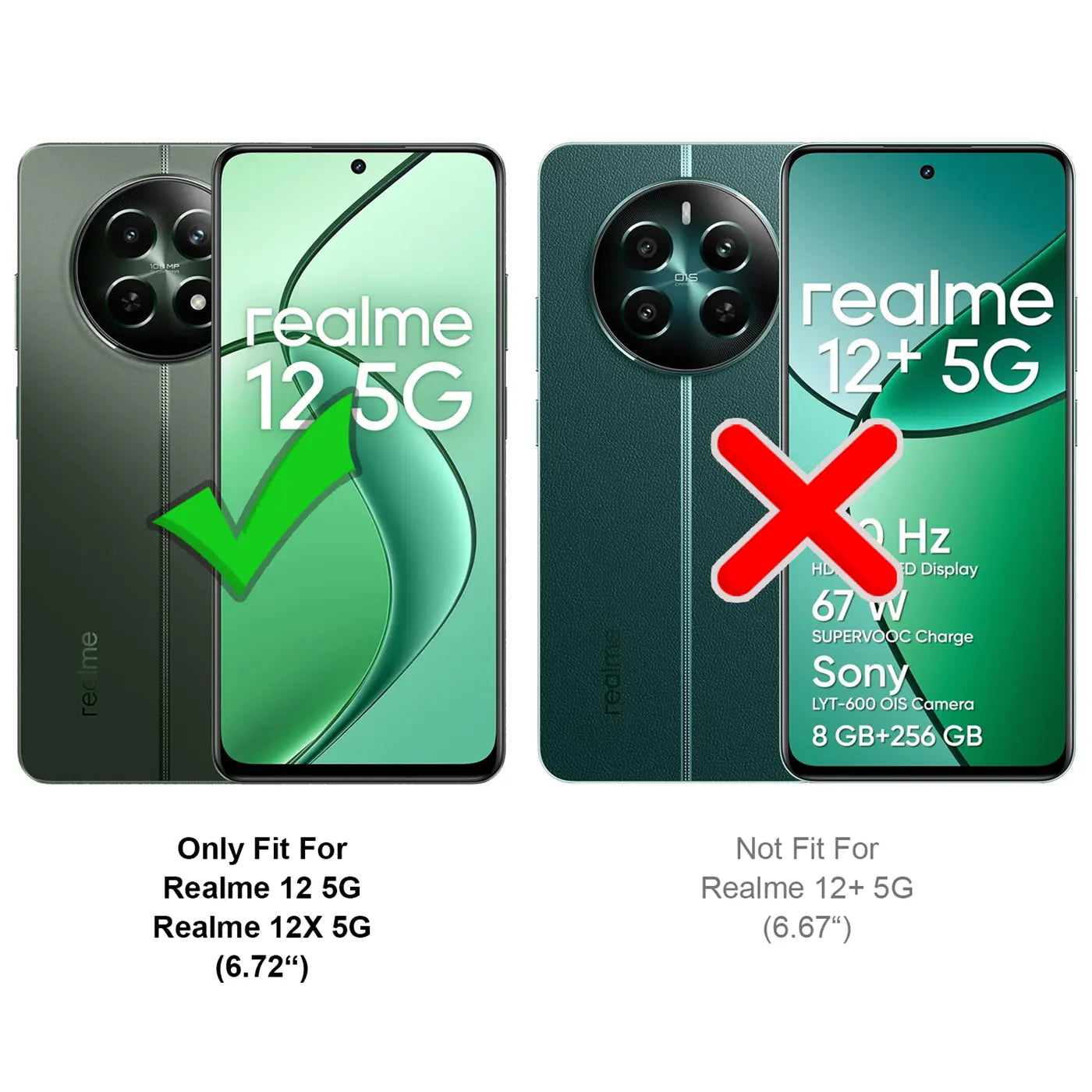 Grüne Klapphülle für Realme 12 5G/12X 5G, Vorder- und Rückansicht, mit Haken-Symbol.