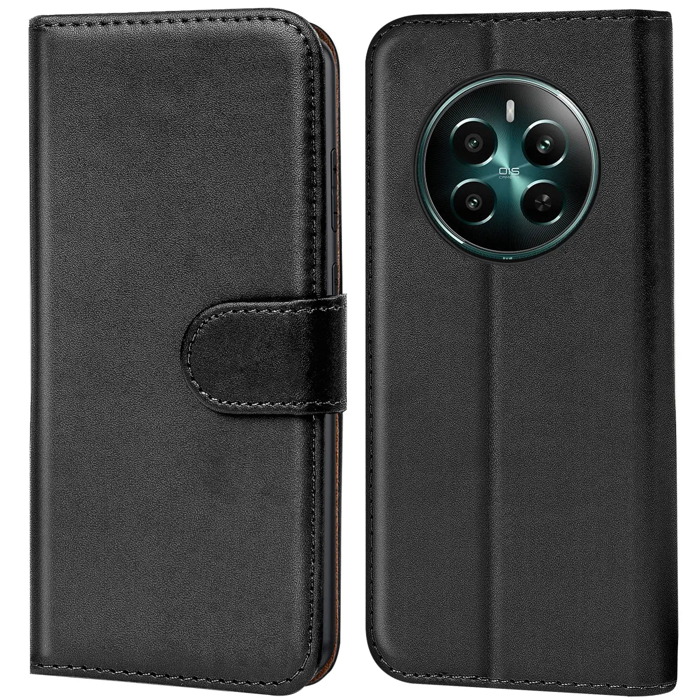 Schwarze Leder-Klapphülle mit Kartenfächern, Vorder- und Rückansicht, Realme 12+ 5G.