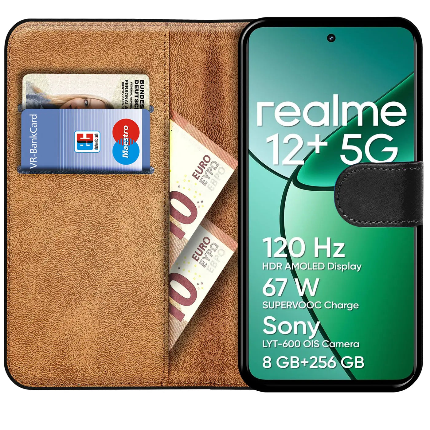 Braune Kunstleder-Klapphülle mit Kartenfächern, zeigt Realme 12+ 5G.