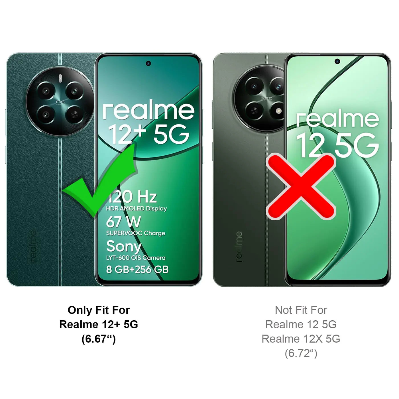 Grüne Hülle, Lederoptik, Vorderansicht, Realme 12+ 5G.