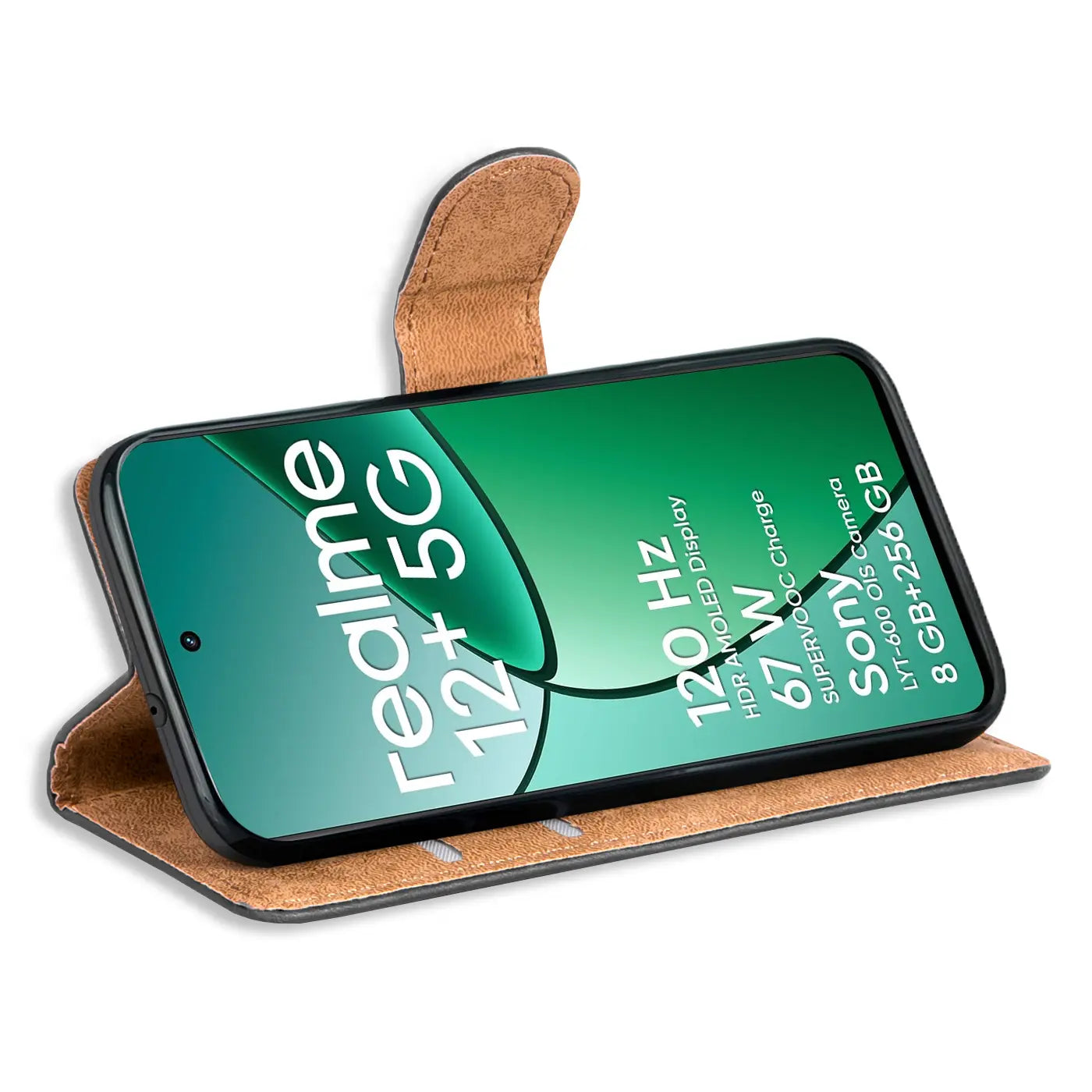 Braune Kunstleder-Klapphülle mit Kartenfächern, zeigt Realme 12+ 5G von schräg oben.