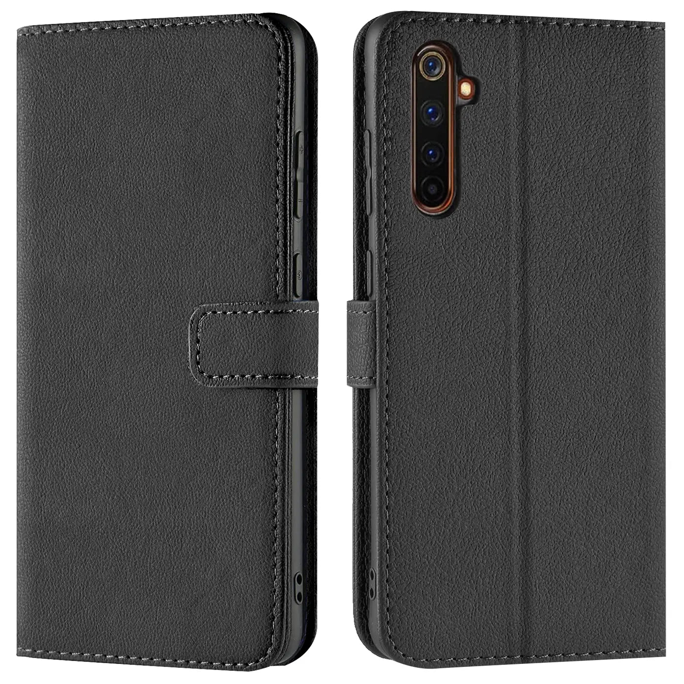 Schwarze Leder-Klapphülle für Realme 6 Pro, Vorder- und Rückansicht.