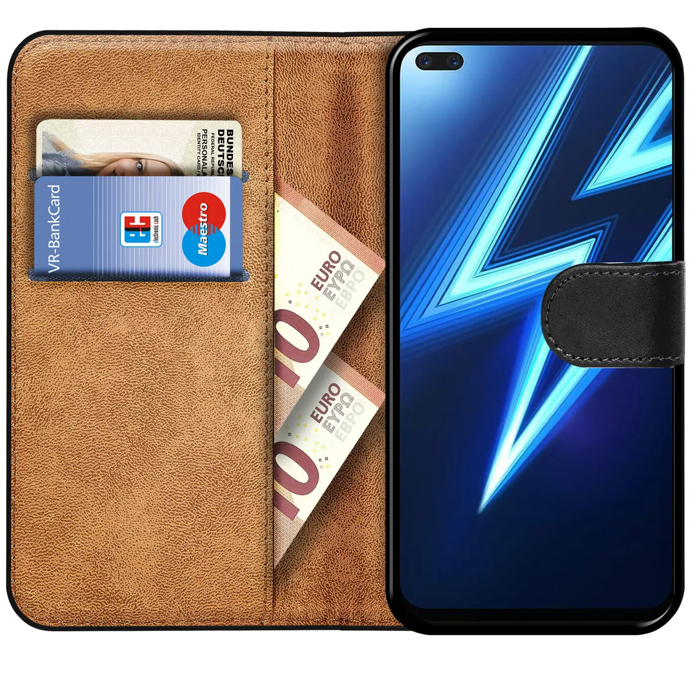 Braune Kunstleder-Klapphülle mit Kartenfächern und Realme 6 Pro, Draufsicht.