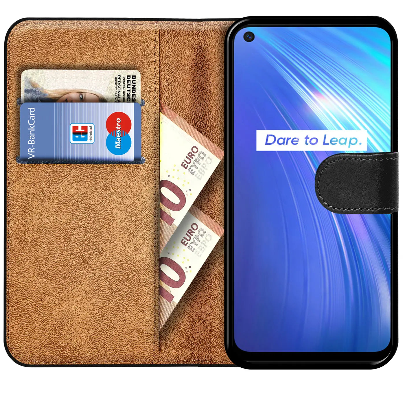 Braune Kunstleder Klapphülle mit Kartenfächern, zeigt Realme 6/6S, Geld & Karte