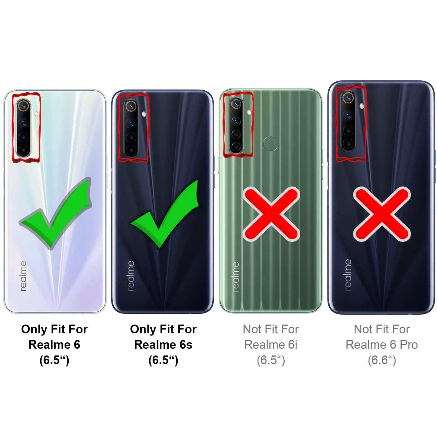 Vier Rückseiten von Smartphones: Realme 6/6s passen, 6i/6 Pro nicht.