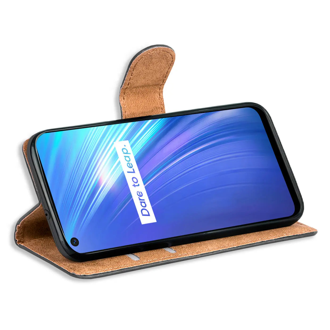 Braune Kunstleder-Klapphülle mit Kartenfächern, zeigt ein Realme 6/6S von vorne.