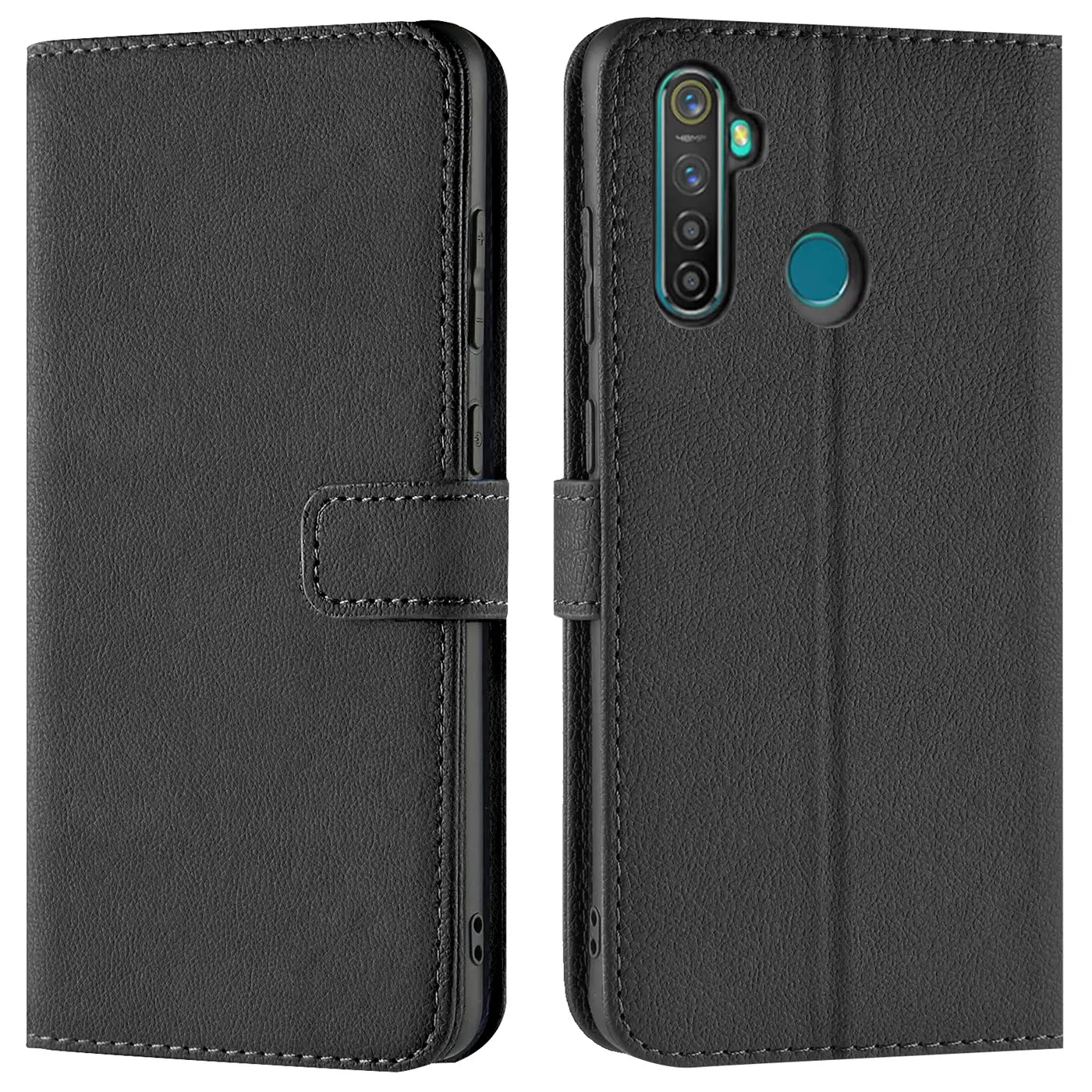 Schwarze Leder-Klapphülle mit Kartenfächern, Vorder- und Rückansicht, Realme 6i erkennbar.