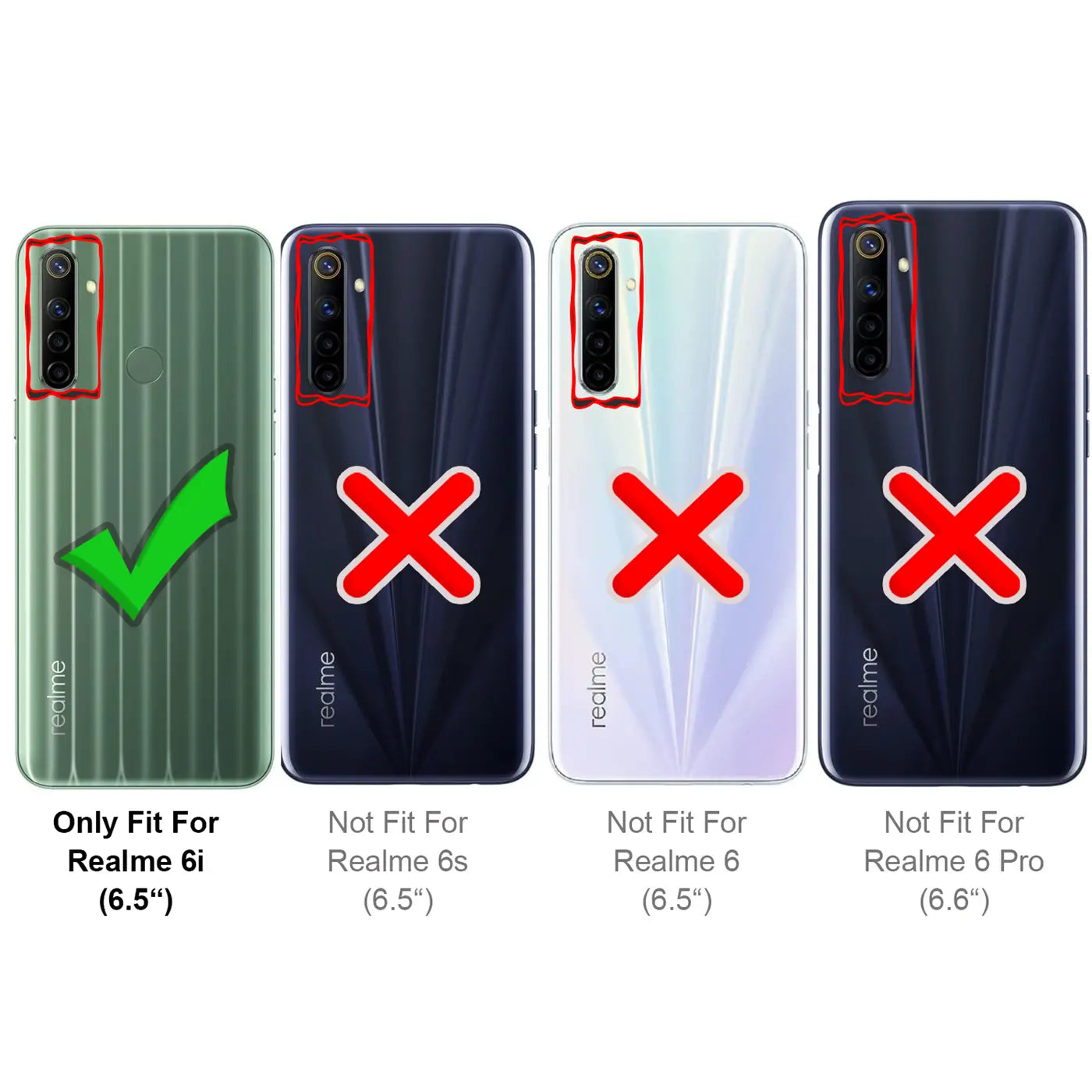Vier Rückseiten von Smartphones: Grün mit Haken, Dunkelblau mit X, Hellblau mit X, Dunkelblau mit X.