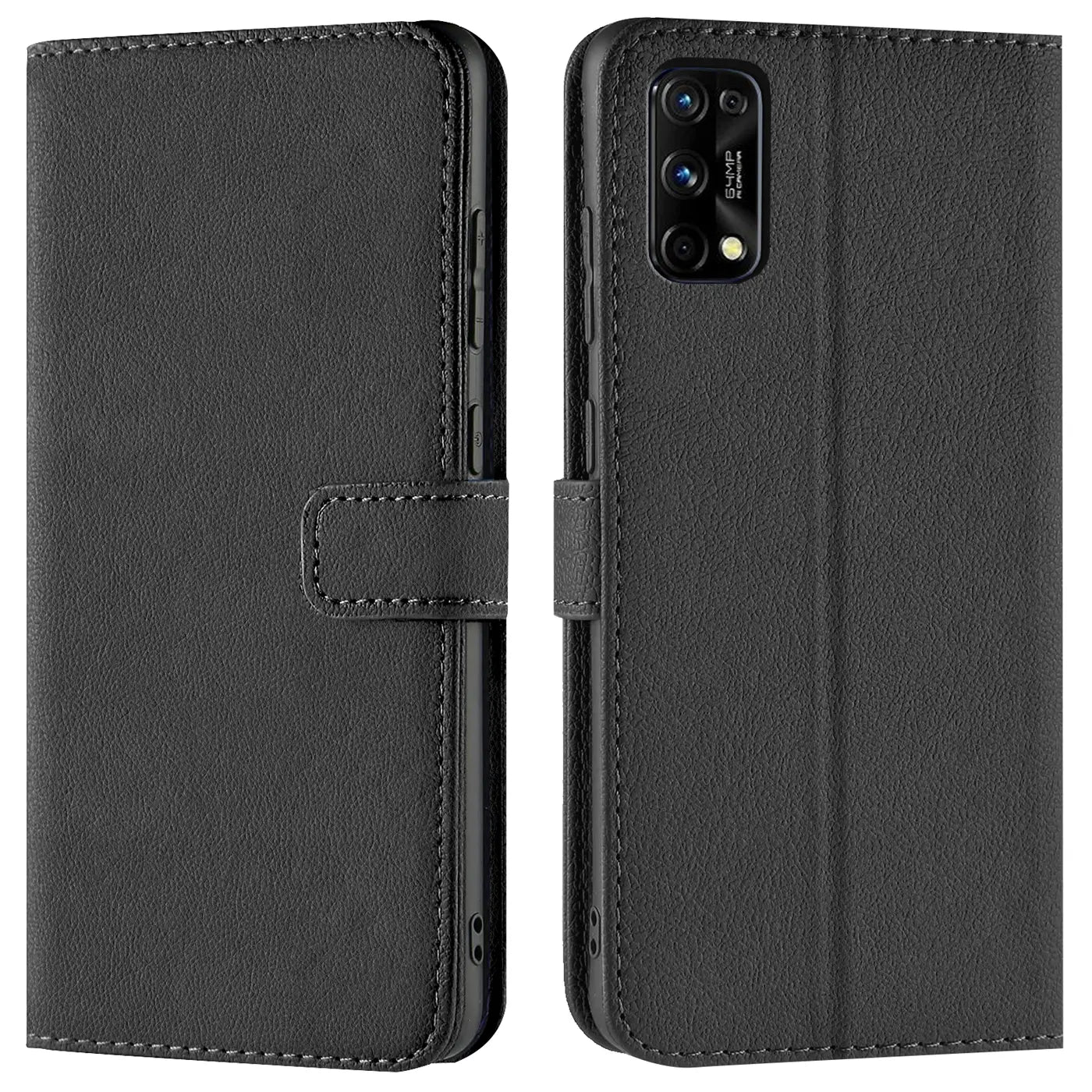 Schwarze Kunstleder-Klapphülle für Realme 7 5G, Vorder- und Rückansicht.