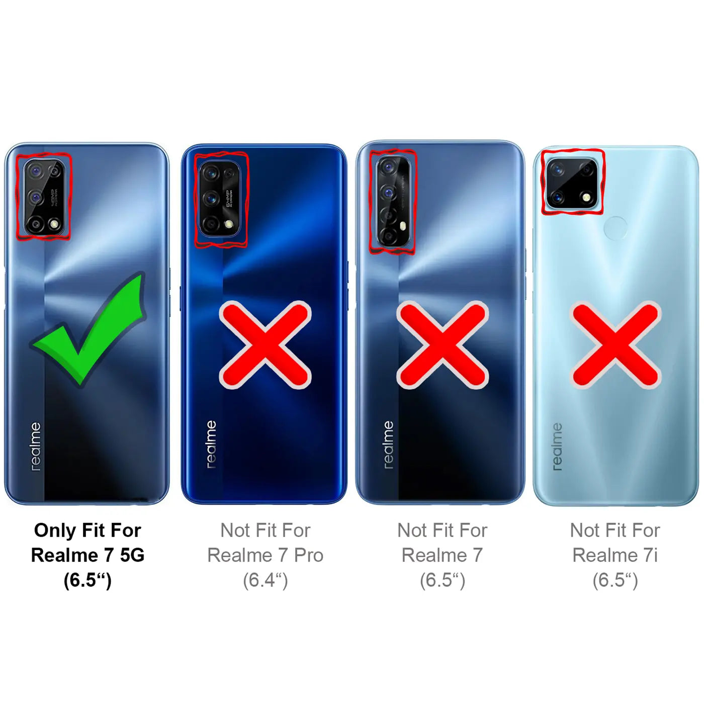 Vier Rückseiten von Realme-Smartphones, eine mit grünem Haken, drei mit roten Kreuzen.