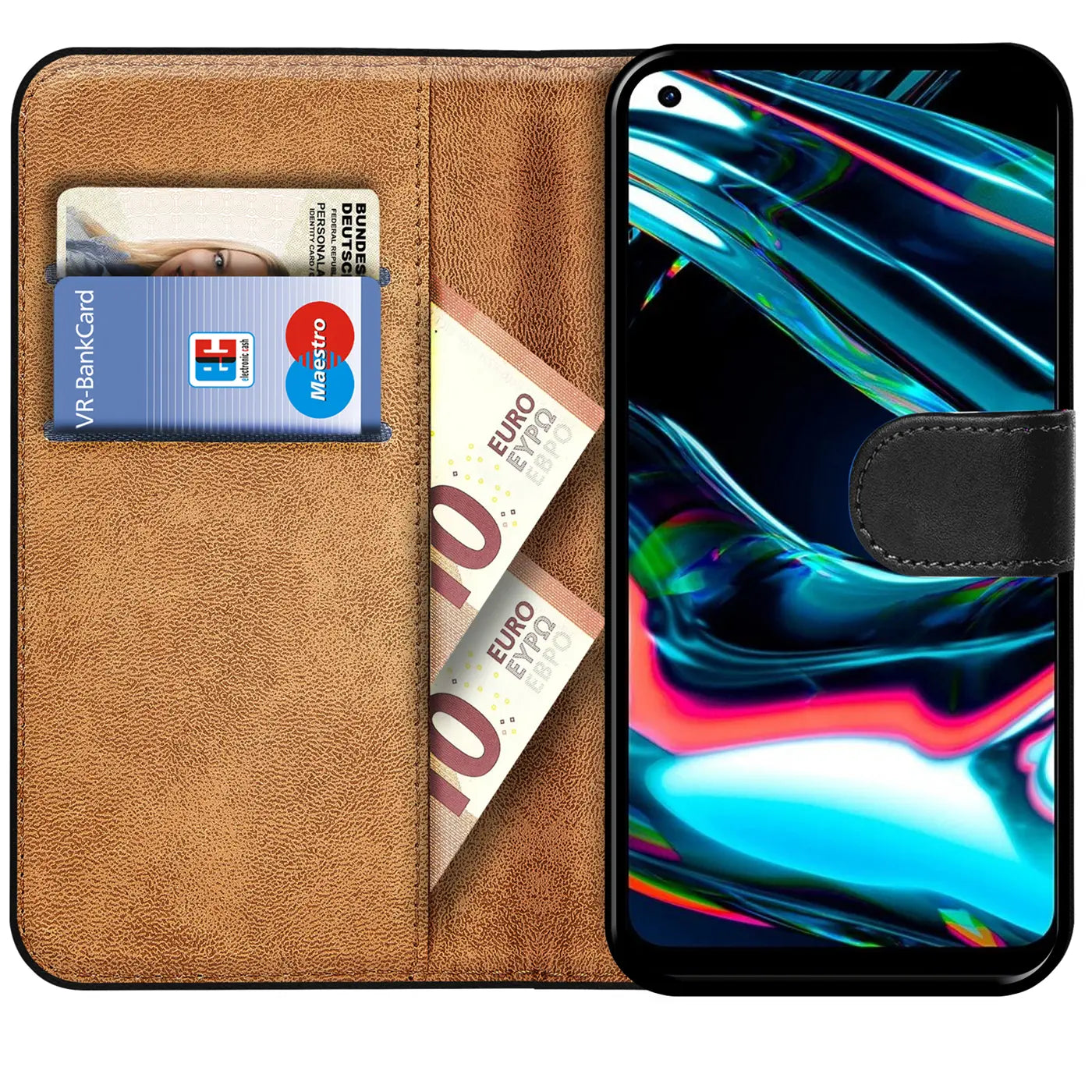 Braune Kunstleder-Klapphülle mit Kartenfächern und Realme 7 Pro.