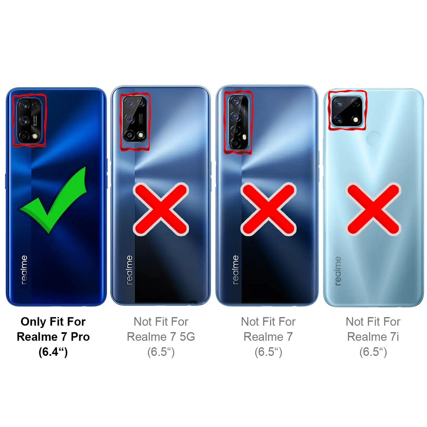 Vier Rückseiten von Smartphones: Realme 7 Pro (grüner Haken), 7 5G, 7, 7i (rote Kreuze).
