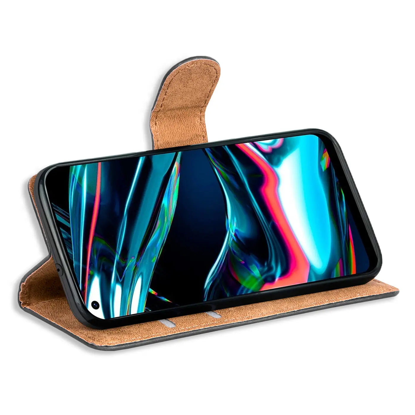 Braune Kunstleder-Klapphülle mit Kartenfächern, Realme 7 Pro, Seitenansicht.