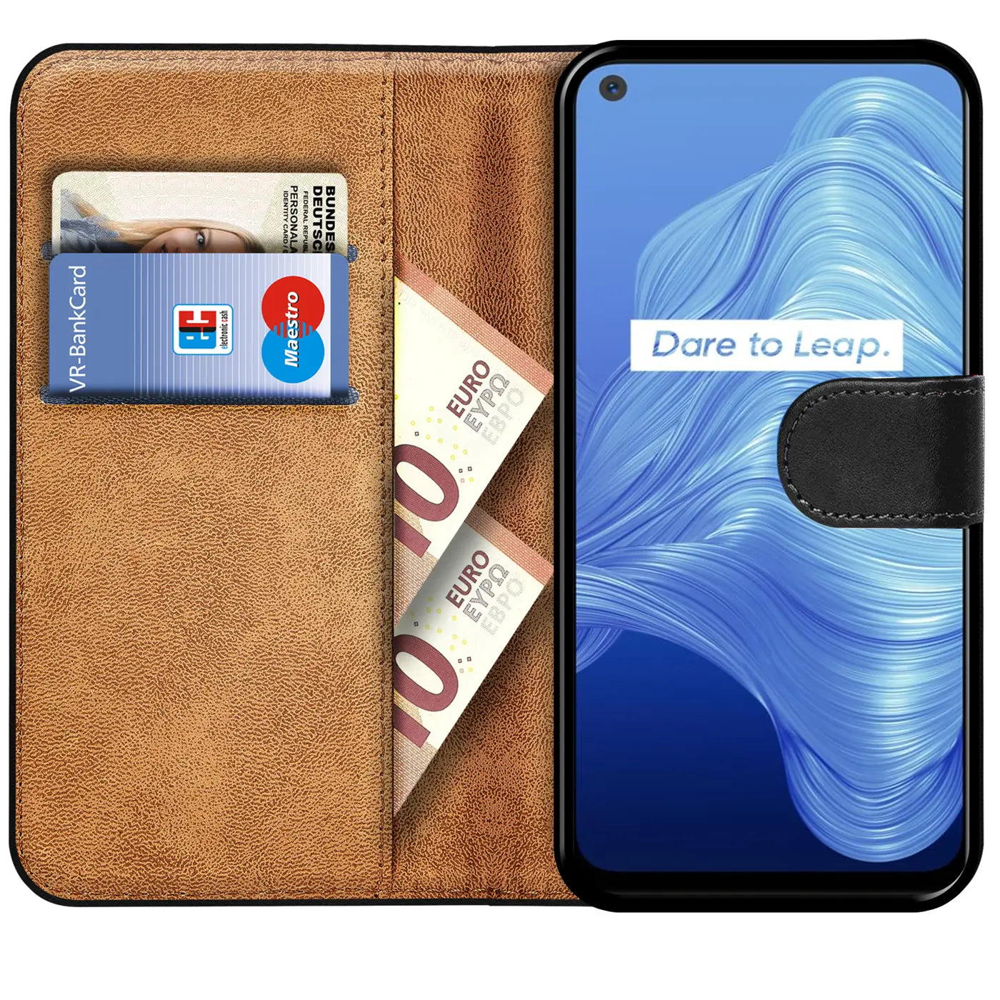 Braune Kunstleder-Klapphülle mit Kartenfächern und Realme 7 Smartphone, von vorne