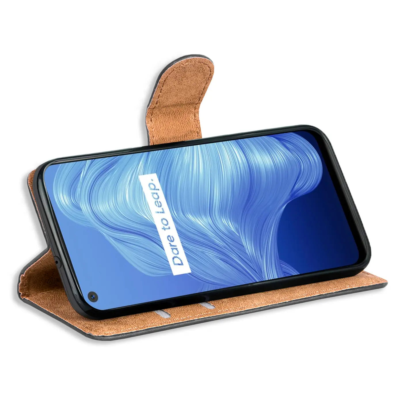 Braune Kunstleder-Klapphülle mit Kartenfächern, Realme 7, Seitenansicht.
