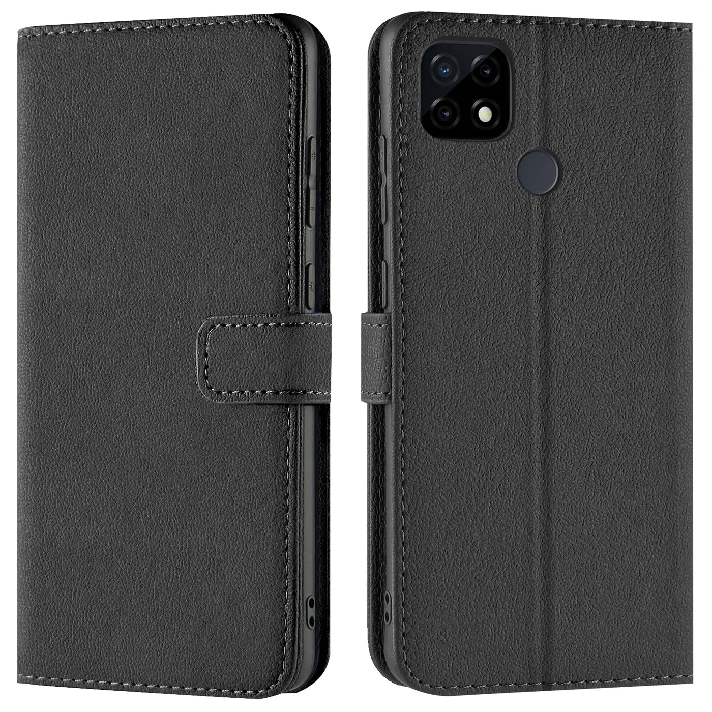 Schwarze Kunstleder-Klapphülle mit Kartenfächern für Realme 7i, Vorder- und Rückansicht.