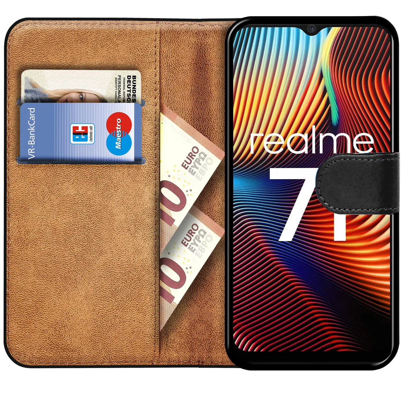 Braune Leder-Klapphülle mit Kartenfächern und Realme 7i Smartphone, von vorne