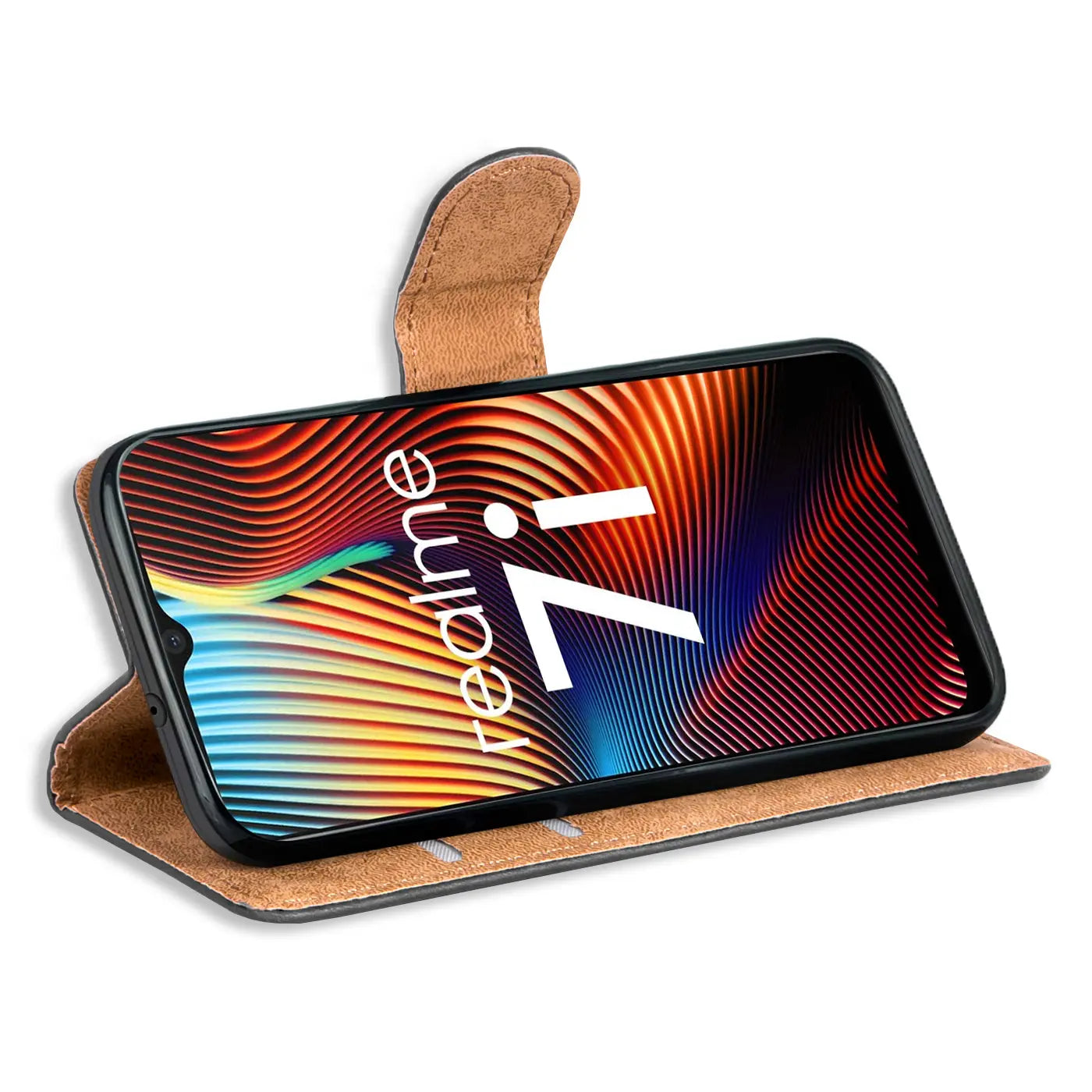 Braune Kunstleder-Klapphülle mit Kartenfächern, zeigt Realme 7i, von vorne schräg.