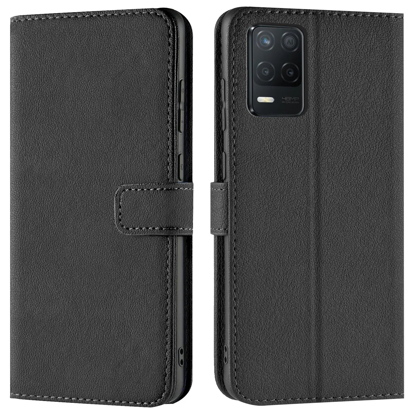 Schwarze Kunstleder-Klapphülle mit Kartenfächern, Vorder- und Rückansicht, für Realme 8 5G.