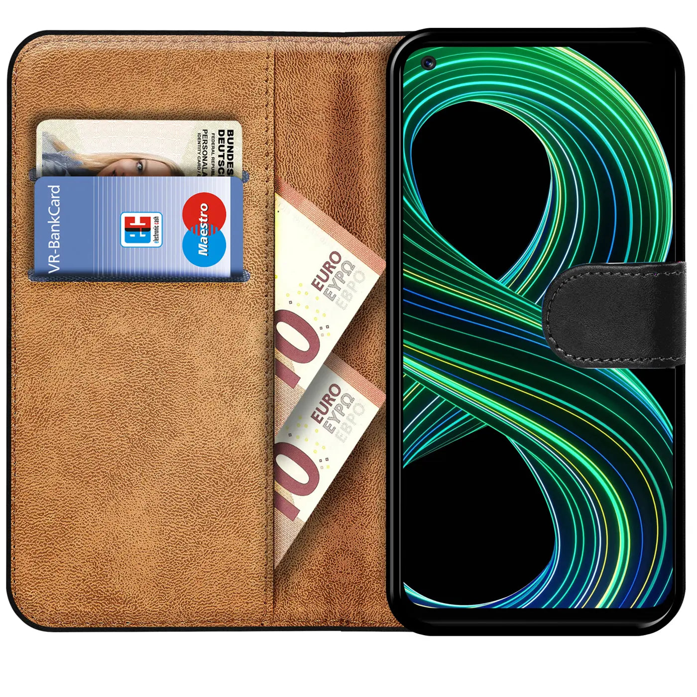 Braune Kunstleder-Klapphülle mit Kartenfächern und Realme 8 5G, von vorne.