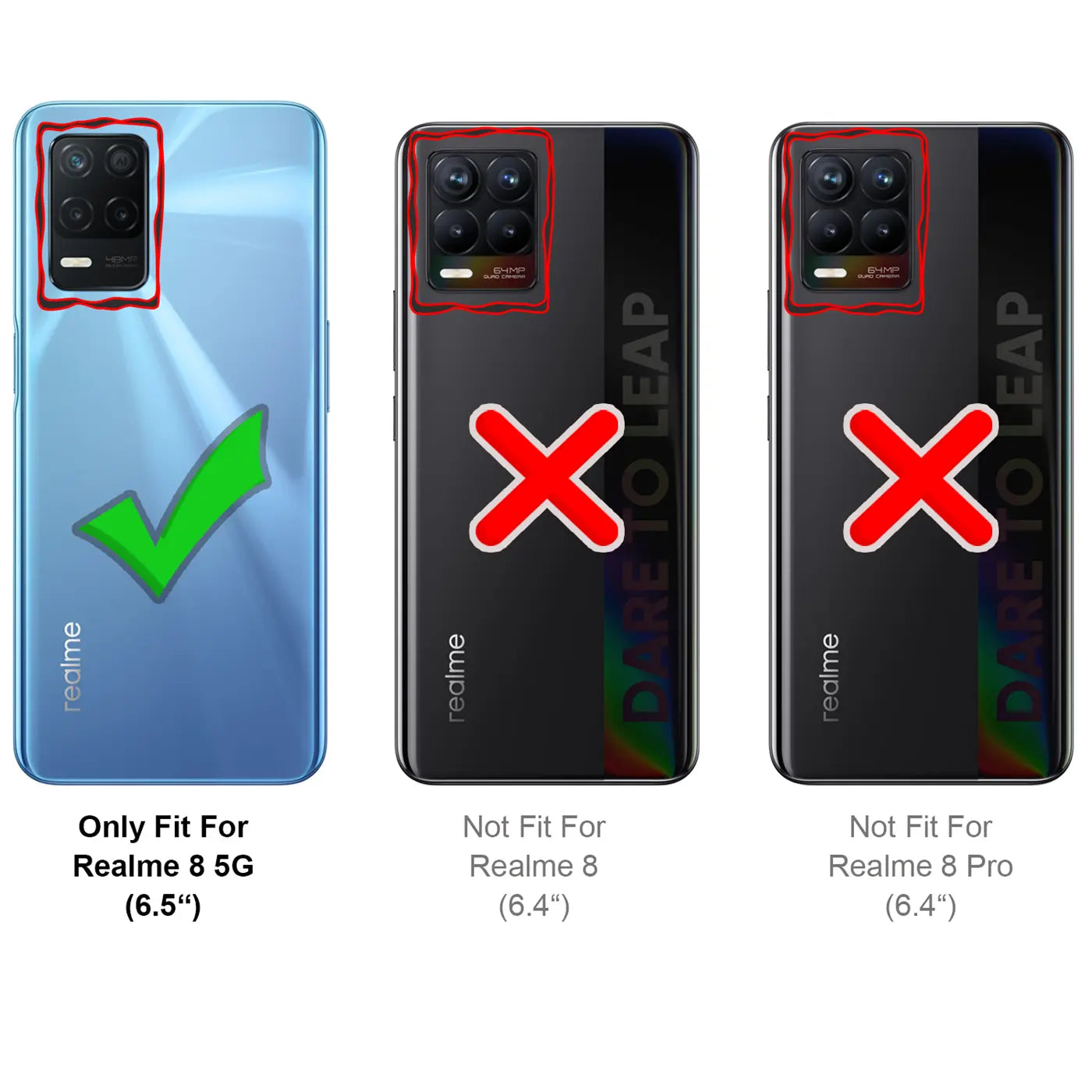 Drei Rückseiten von Smartphones, eine blau mit Haken, zwei schwarz mit Kreuzen.