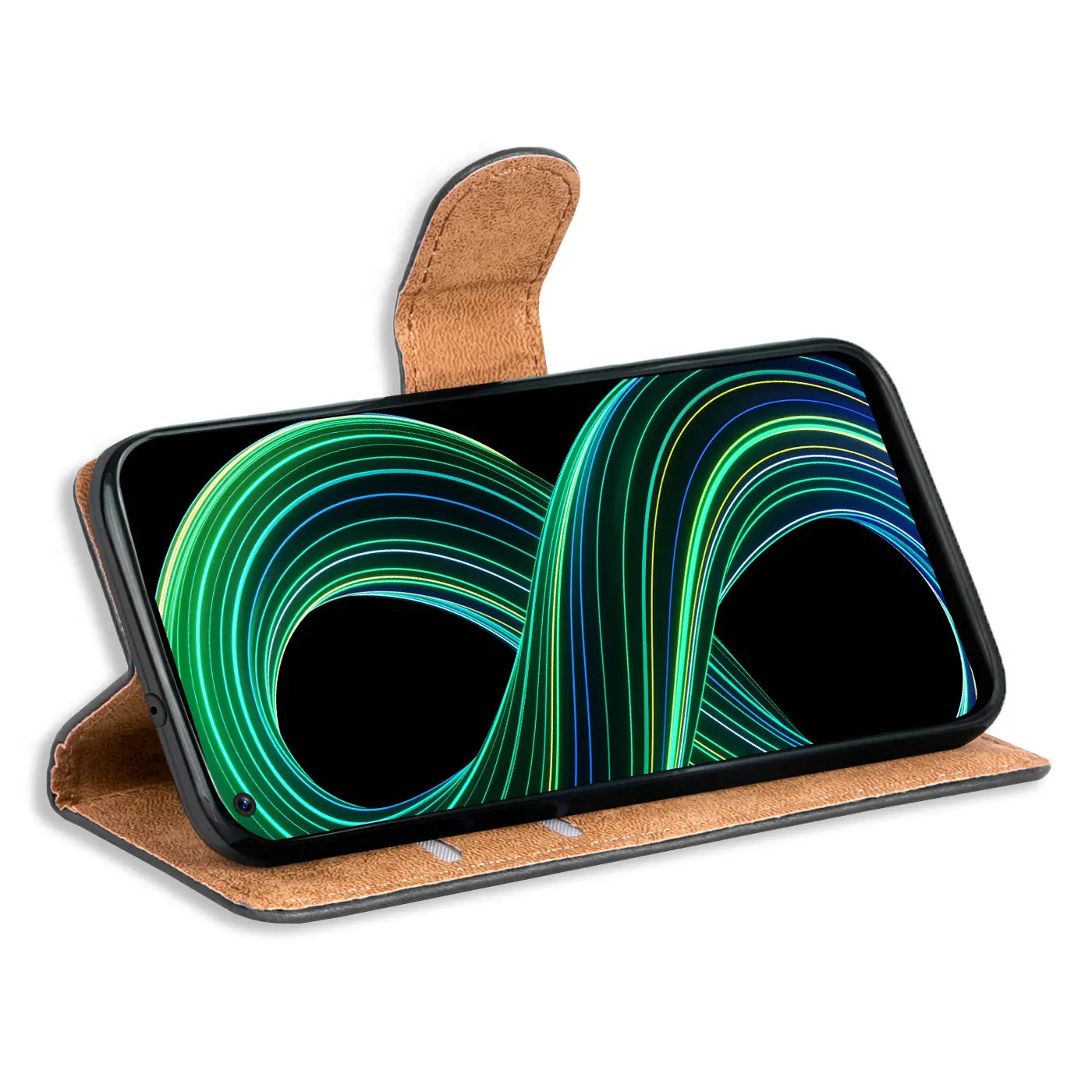 Braune Kunstleder-Klapphülle mit Kartenfächern, Realme 8 5G, Seitenansicht.