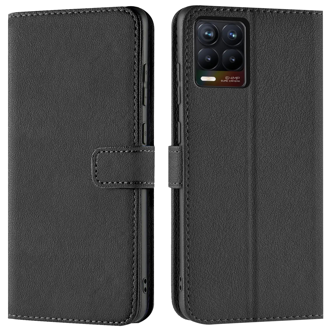 Schwarze Kunstleder-Klapphülle mit Kartenfächern für Realme 8 / 8 Pro, Vorder- und Rückansicht.