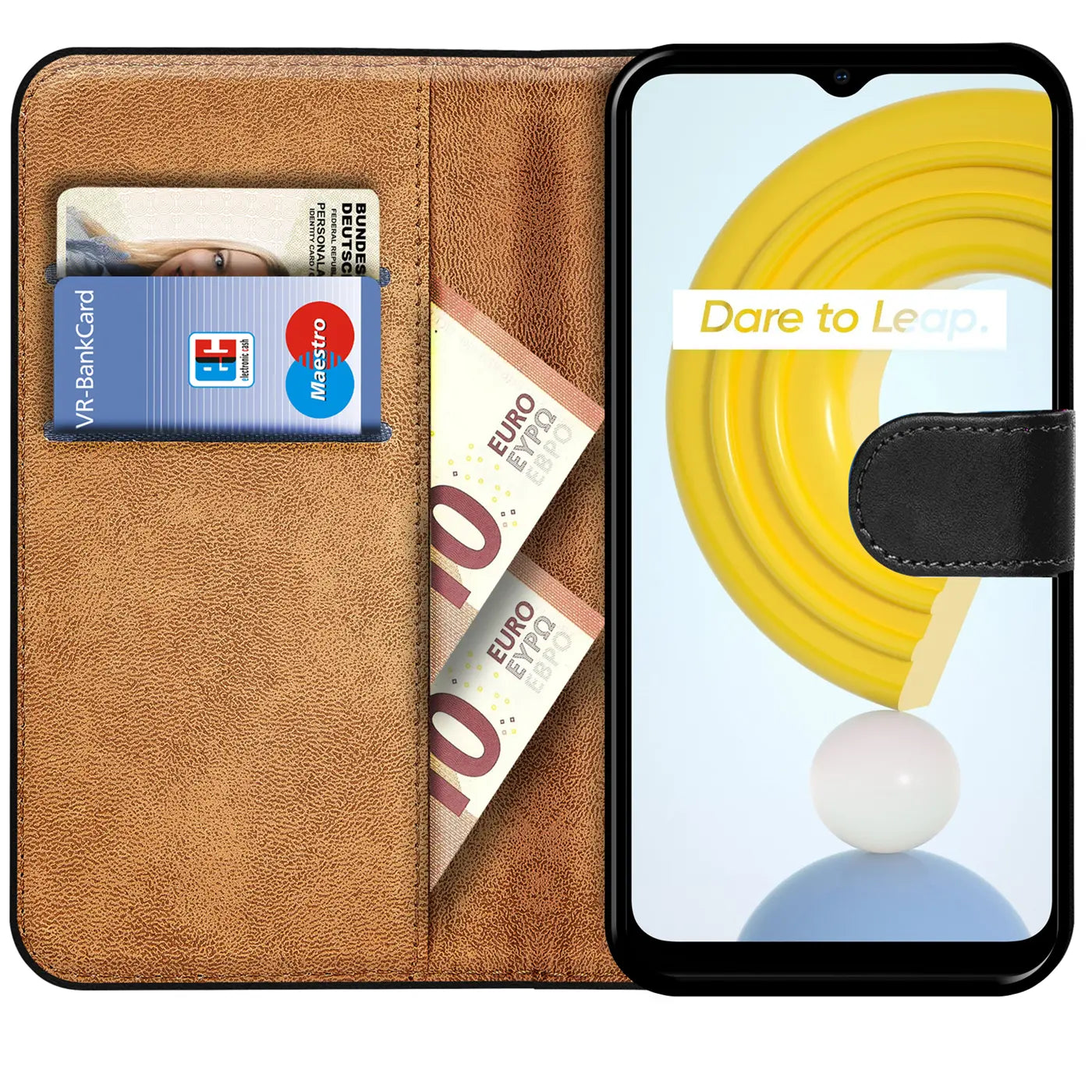 Braune Kunstleder-Klapphülle mit Kartenfächern, zeigt Realme C21, von vorne.