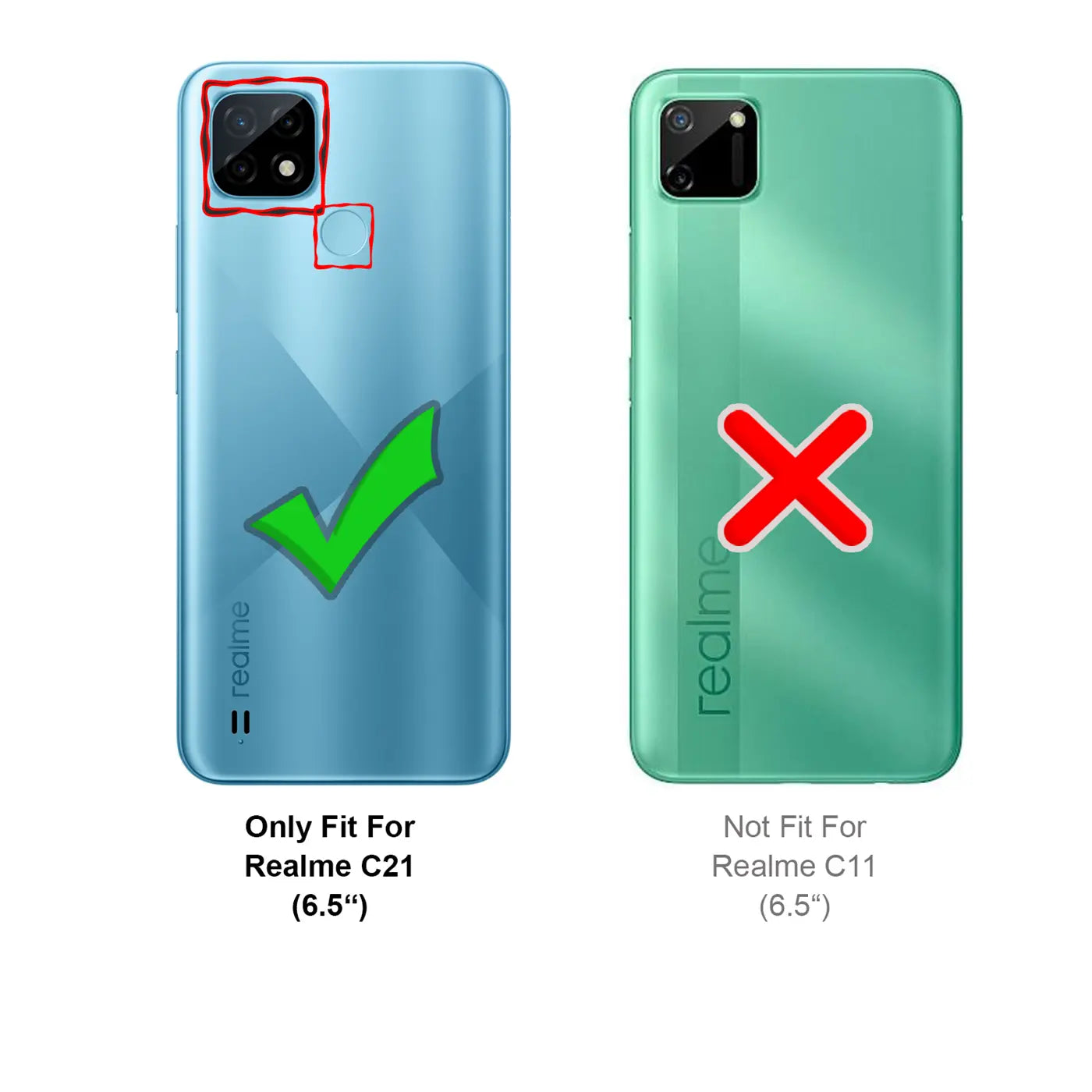 Zwei Rückseiten von Smartphones, blau (Realme C21) mit Haken, grün (Realme C11) mit Kreuz.